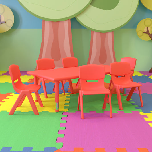 Emmy 24''W x 48''L Rectangular Red Plastic Height Adjustable Activity Table Set with 6 Chairs Red