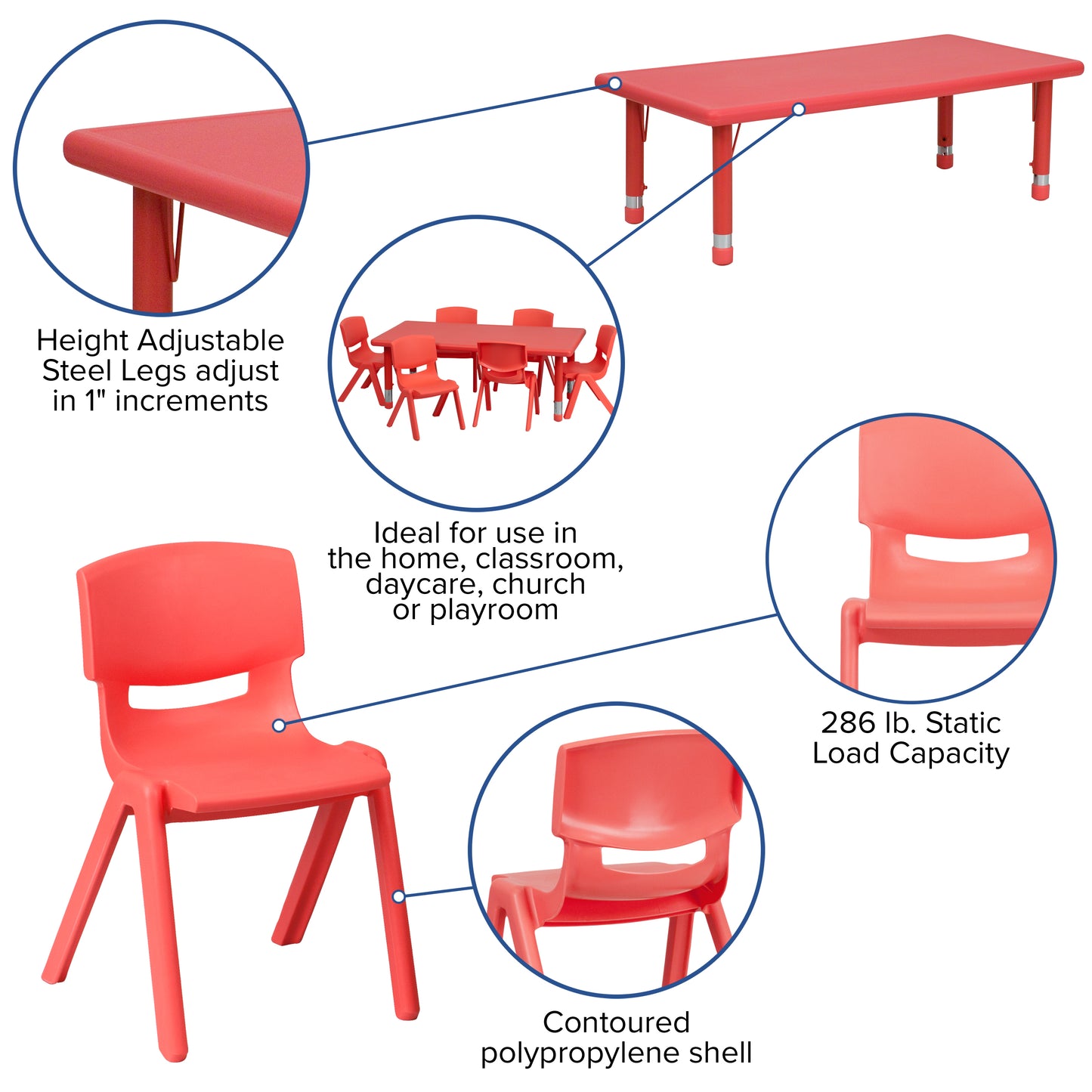 Emmy 24''W x 48''L Rectangular Red Plastic Height Adjustable Activity Table Set with 6 Chairs Red