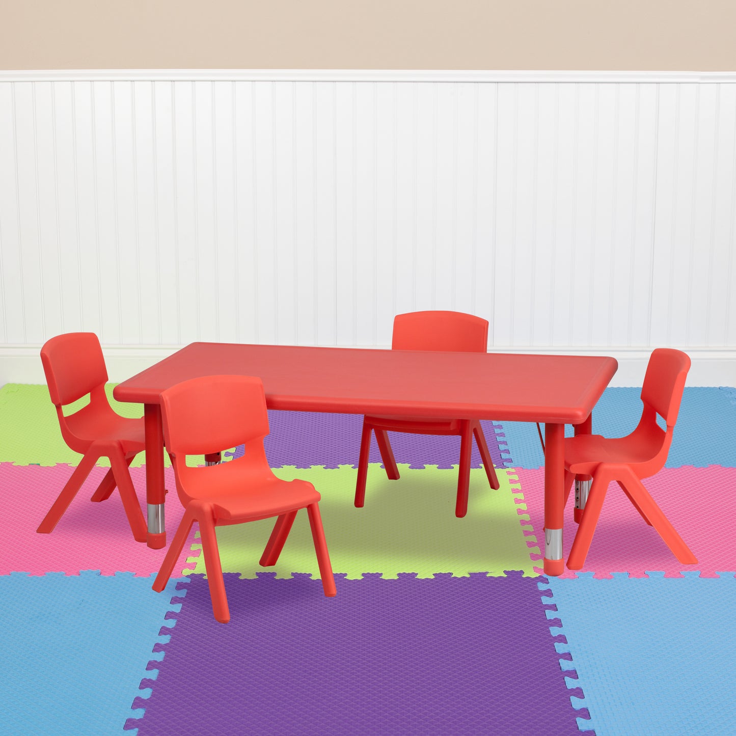 Emmy 24''W x 48''L Rectangular Red Plastic Height Adjustable Activity Table Set with 4 Chairs Red
