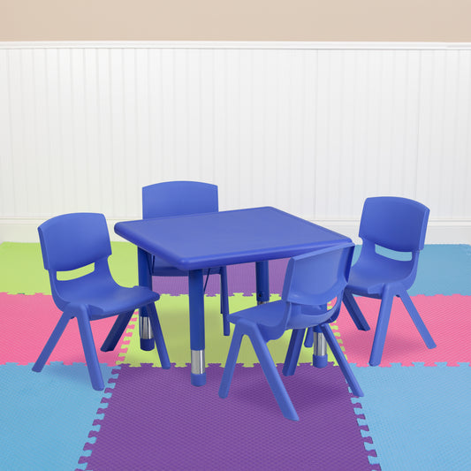 Emmy 24'' Square Blue Plastic Height Adjustable Activity Table Set with 4 Chairs Blue