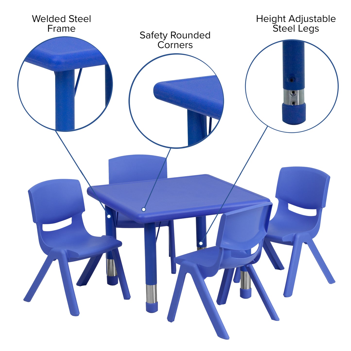Emmy 24'' Square Blue Plastic Height Adjustable Activity Table Set with 4 Chairs Blue