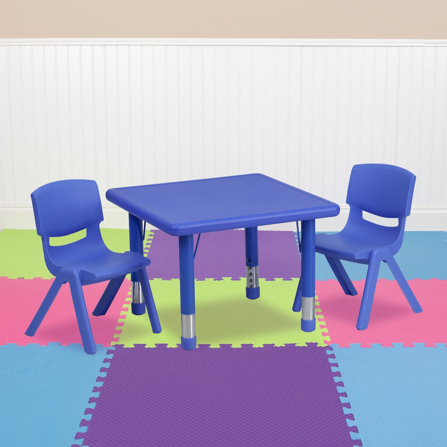 Emmy 24'' Square Blue Plastic Height Adjustable Activity Table Set with 2 Chairs Blue YU-YCX-0023-2-SQR-TBL-BLUE-R-GG