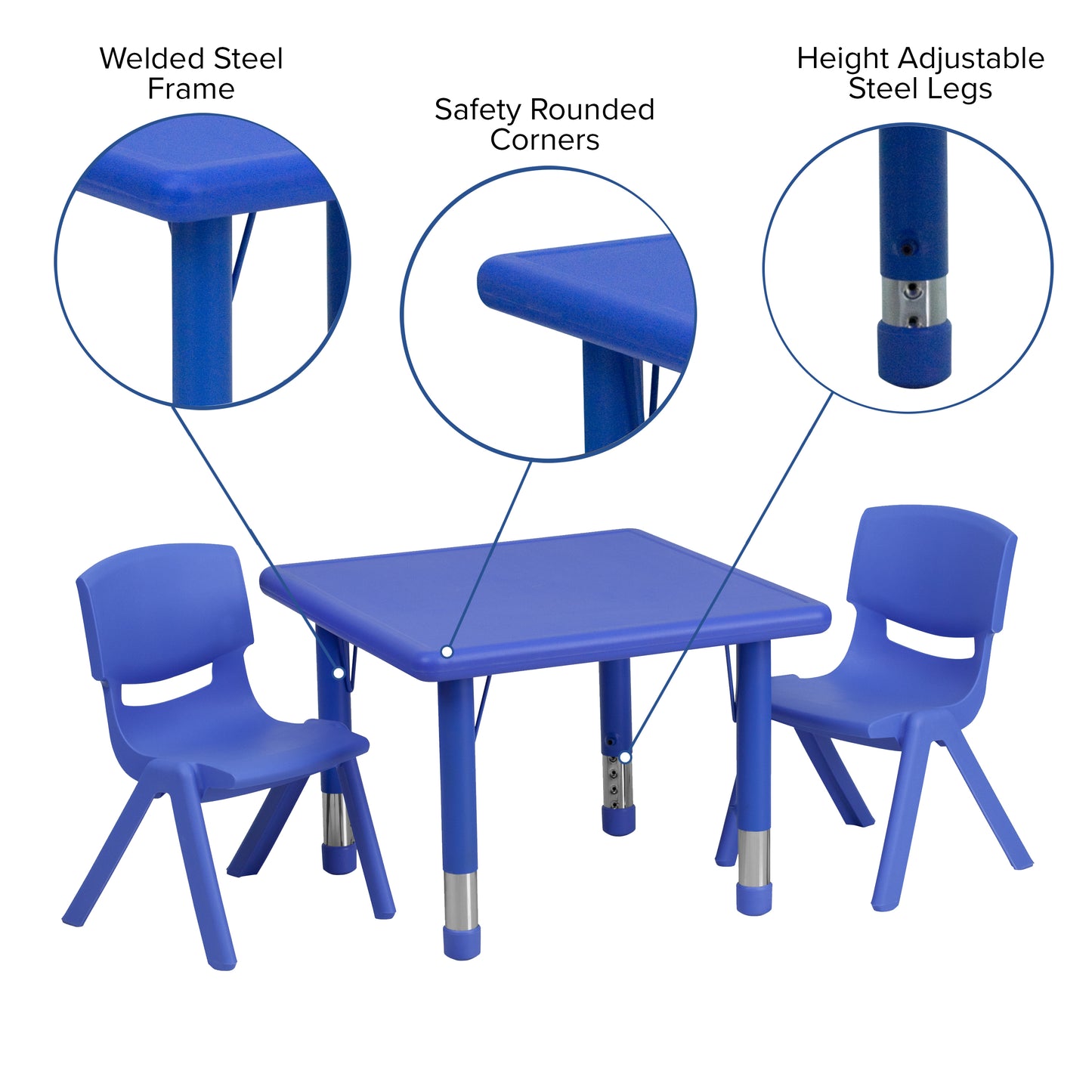 Emmy 24'' Square Blue Plastic Height Adjustable Activity Table Set with 2 Chairs Blue YU-YCX-0023-2-SQR-TBL-BLUE-R-GG