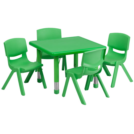 Emmy 24'' Square Green Plastic Height Adjustable Activity Table Set with 4 Chairs Green