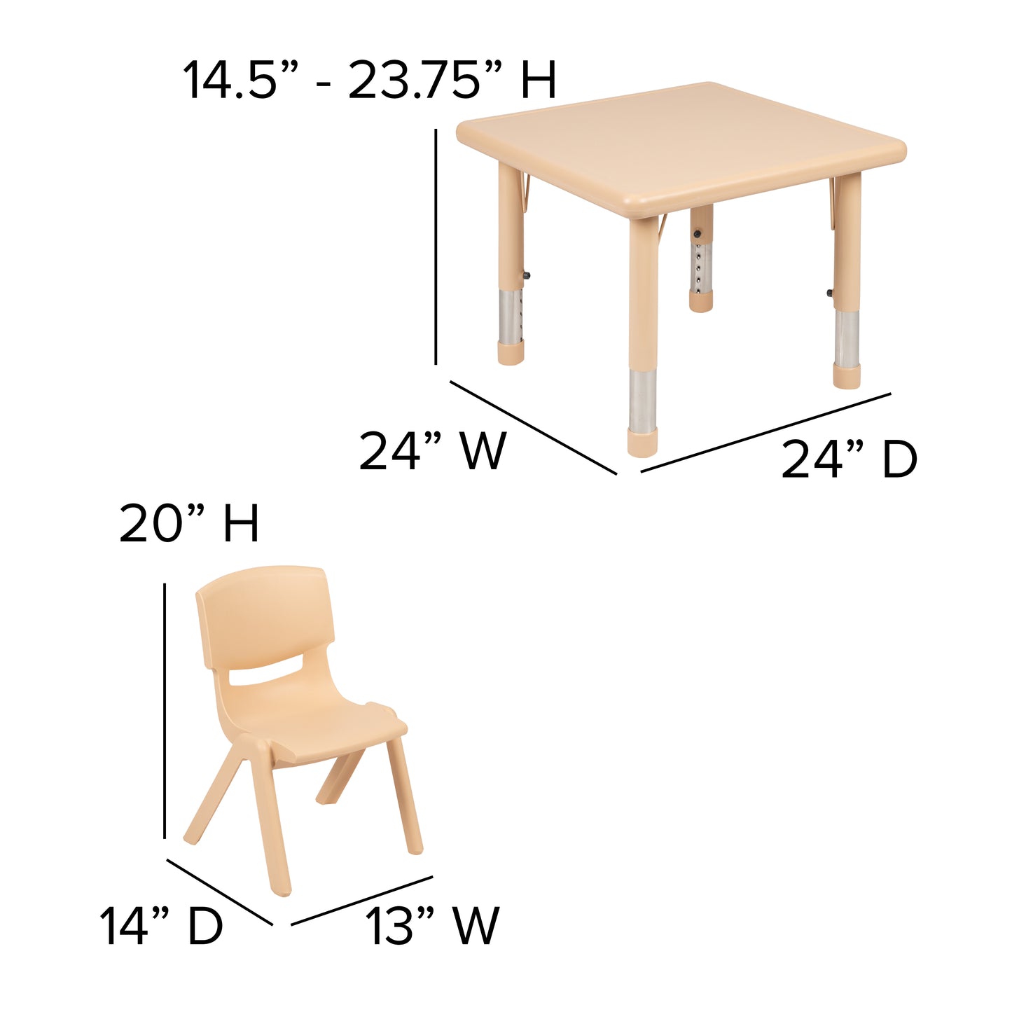 Emmy 24" Square Natural Plastic Height Adjustable Activity Table Set with 4 Chairs Natural