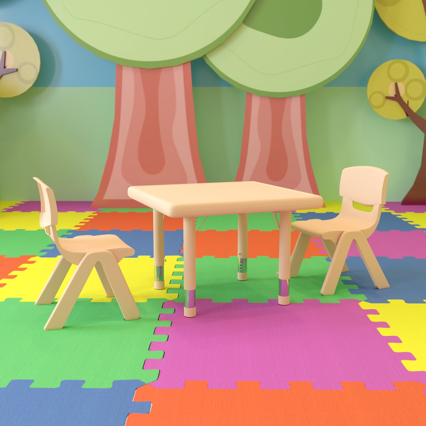Emmy 24" Square Natural Plastic Height Adjustable Activity Table Set with 2 Chairs Natural