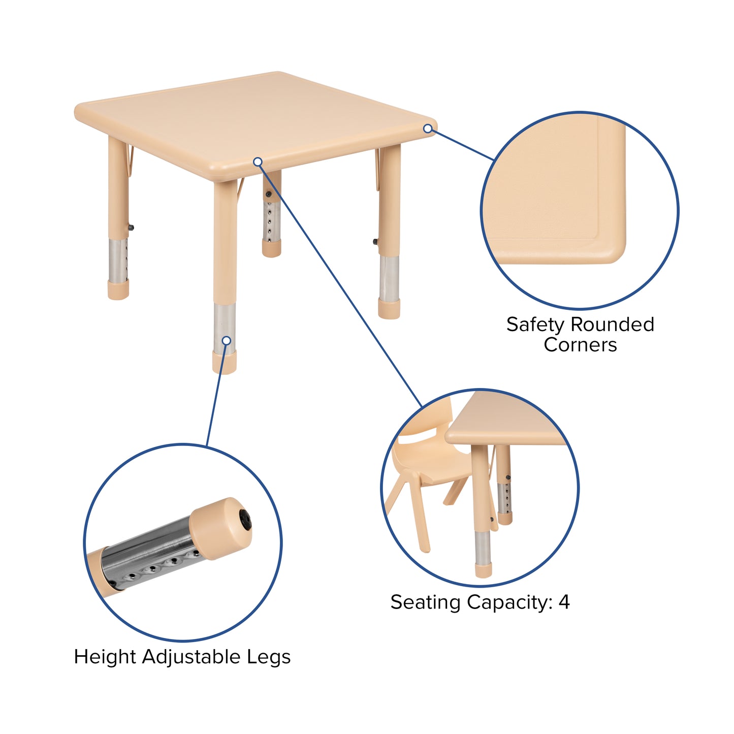 Emmy 24" Square Natural Plastic Height Adjustable Activity Table Set with 2 Chairs Natural