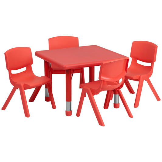 Emmy 24'' Square Red Plastic Height Adjustable Activity Table Set with 4 Chairs Red