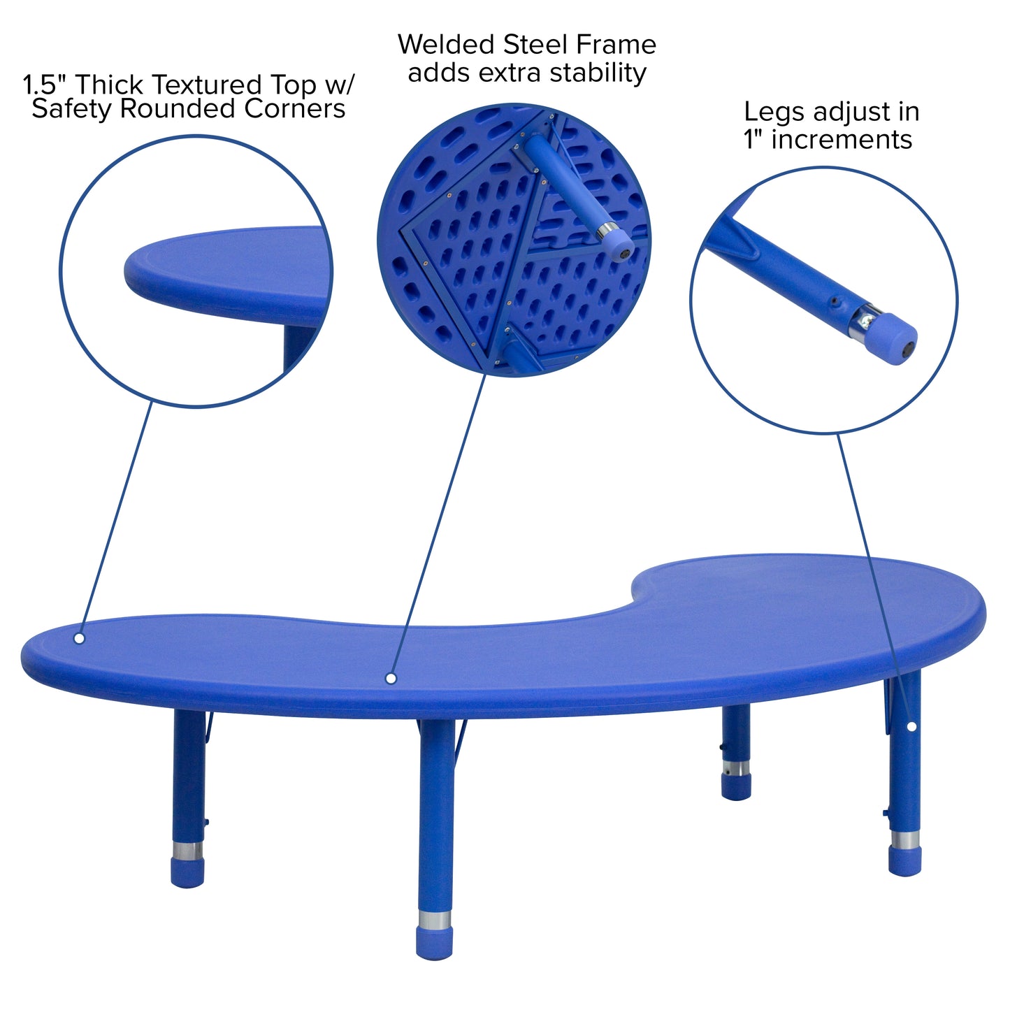 Wren 35''W x 65''L Half-Moon Blue Plastic Height Adjustable Activity Table Blue