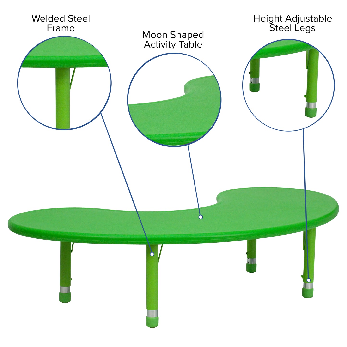 Wren 35''W x 65''L Half-Moon Green Plastic Height Adjustable Activity Table Green YU-YCX-004-2-MOON-TBL-GREEN-GG