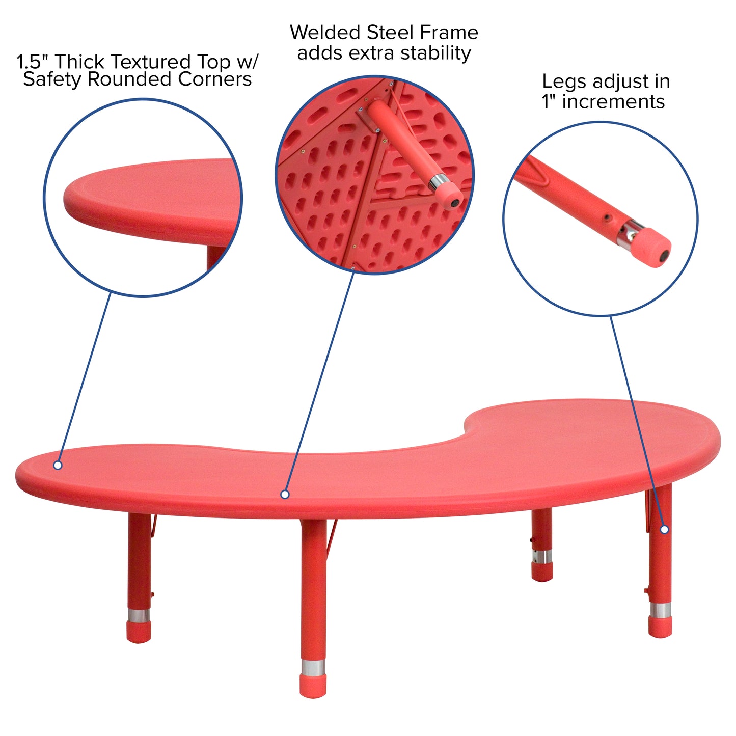 Wren 35''W x 65''L Half-Moon Red Plastic Height Adjustable Activity Table Red YU-YCX-004-2-MOON-TBL-RED-GG
