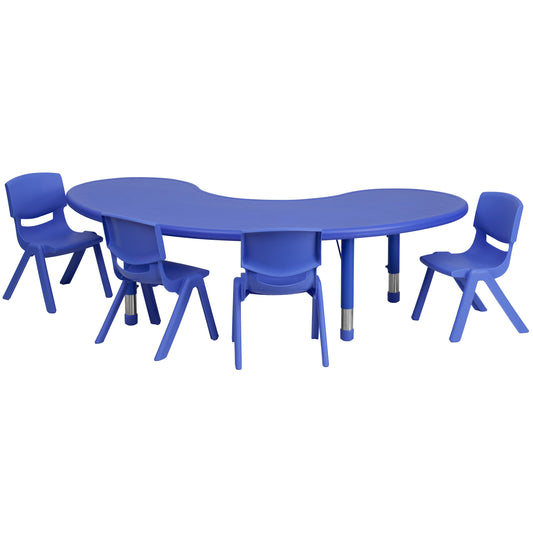 Emmy 35''W x 65''L Half-Moon Blue Plastic Height Adjustable Activity Table Set with 4 Chairs Blue