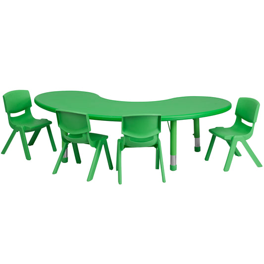 Emmy 35''W x 65''L Half-Moon Green Plastic Height Adjustable Activity Table Set with 4 Chairs Green