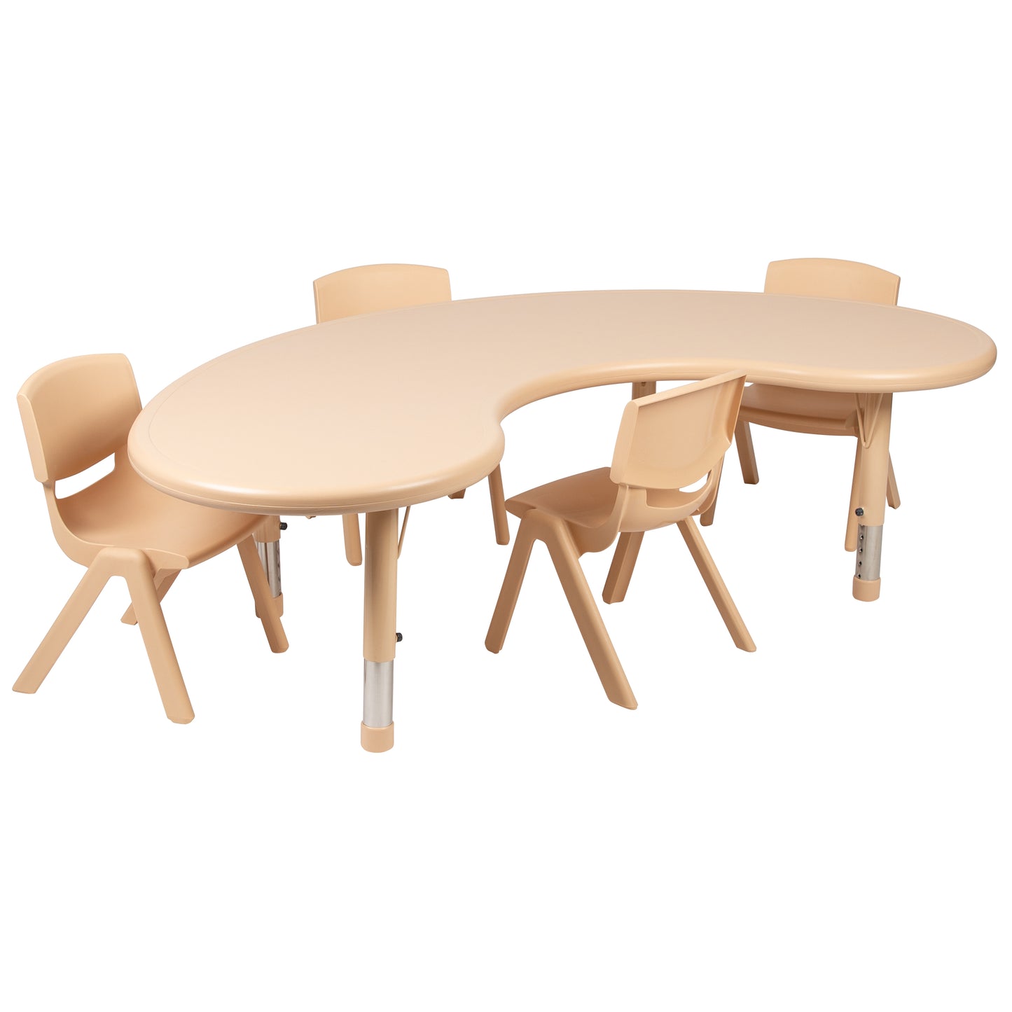 Emmy 35"W x 65"L Half-Moon Natural Plastic Height Adjustable Activity Table Set with 4 Chairs Natural YU-YCX-0043-2-MOON-TBL-NAT-E-GG