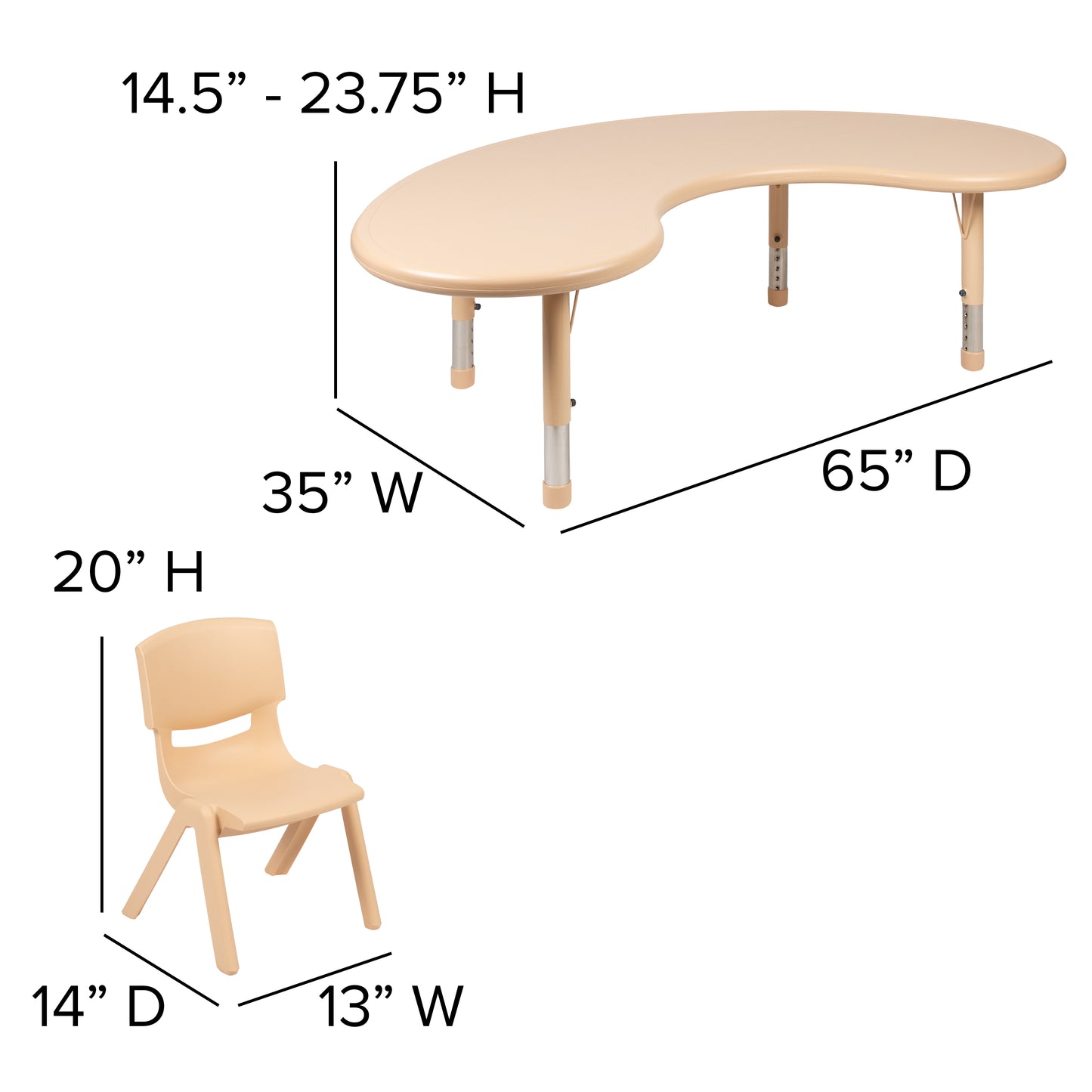 Emmy 35"W x 65"L Half-Moon Natural Plastic Height Adjustable Activity Table Set with 4 Chairs Natural YU-YCX-0043-2-MOON-TBL-NAT-E-GG