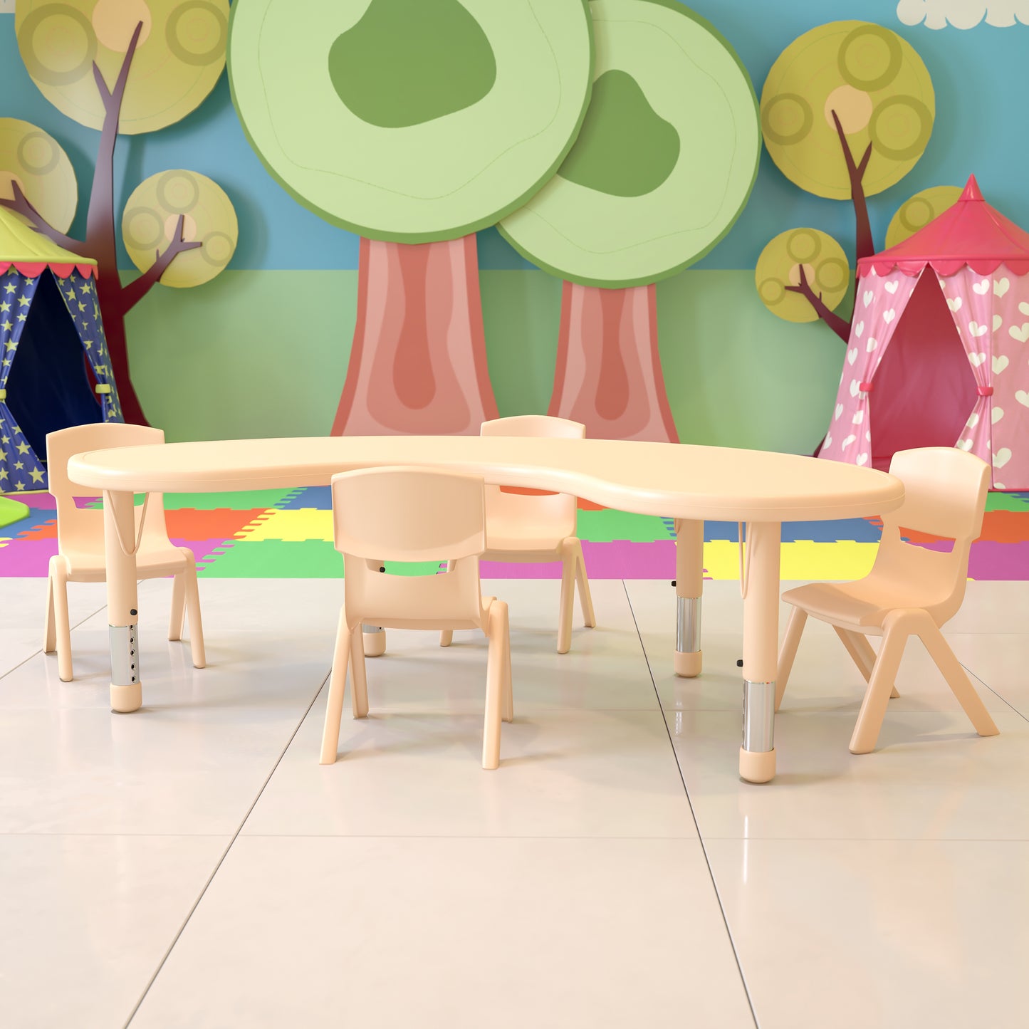 Emmy 35"W x 65"L Half-Moon Natural Plastic Height Adjustable Activity Table Set with 4 Chairs Natural YU-YCX-0043-2-MOON-TBL-NAT-E-GG