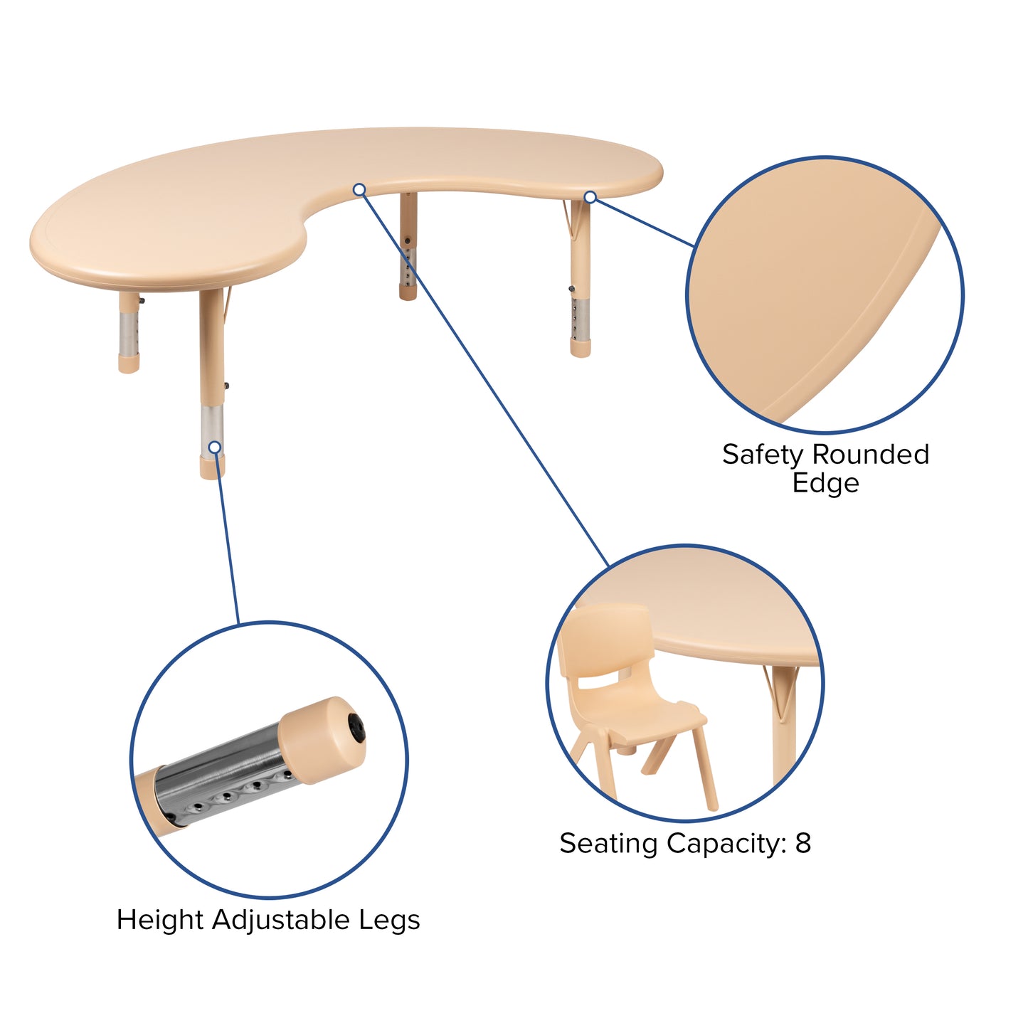 Emmy 35"W x 65"L Half-Moon Natural Plastic Height Adjustable Activity Table Set with 4 Chairs Natural YU-YCX-0043-2-MOON-TBL-NAT-E-GG