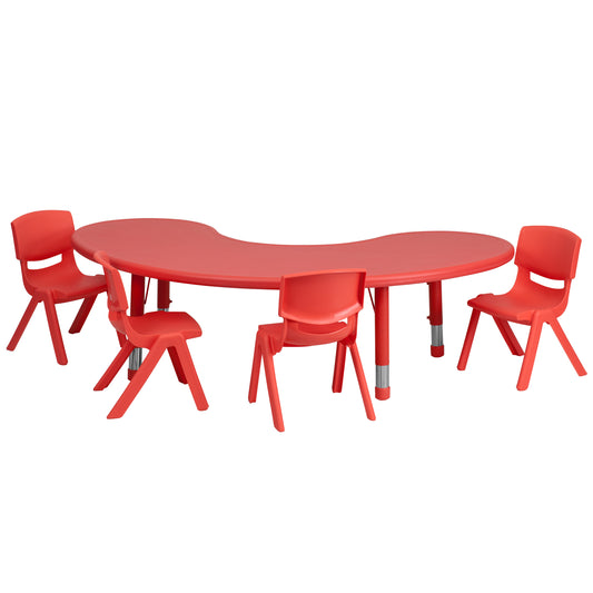 Emmy 35''W x 65''L Half-Moon Red Plastic Height Adjustable Activity Table Set with 4 Chairs Red
