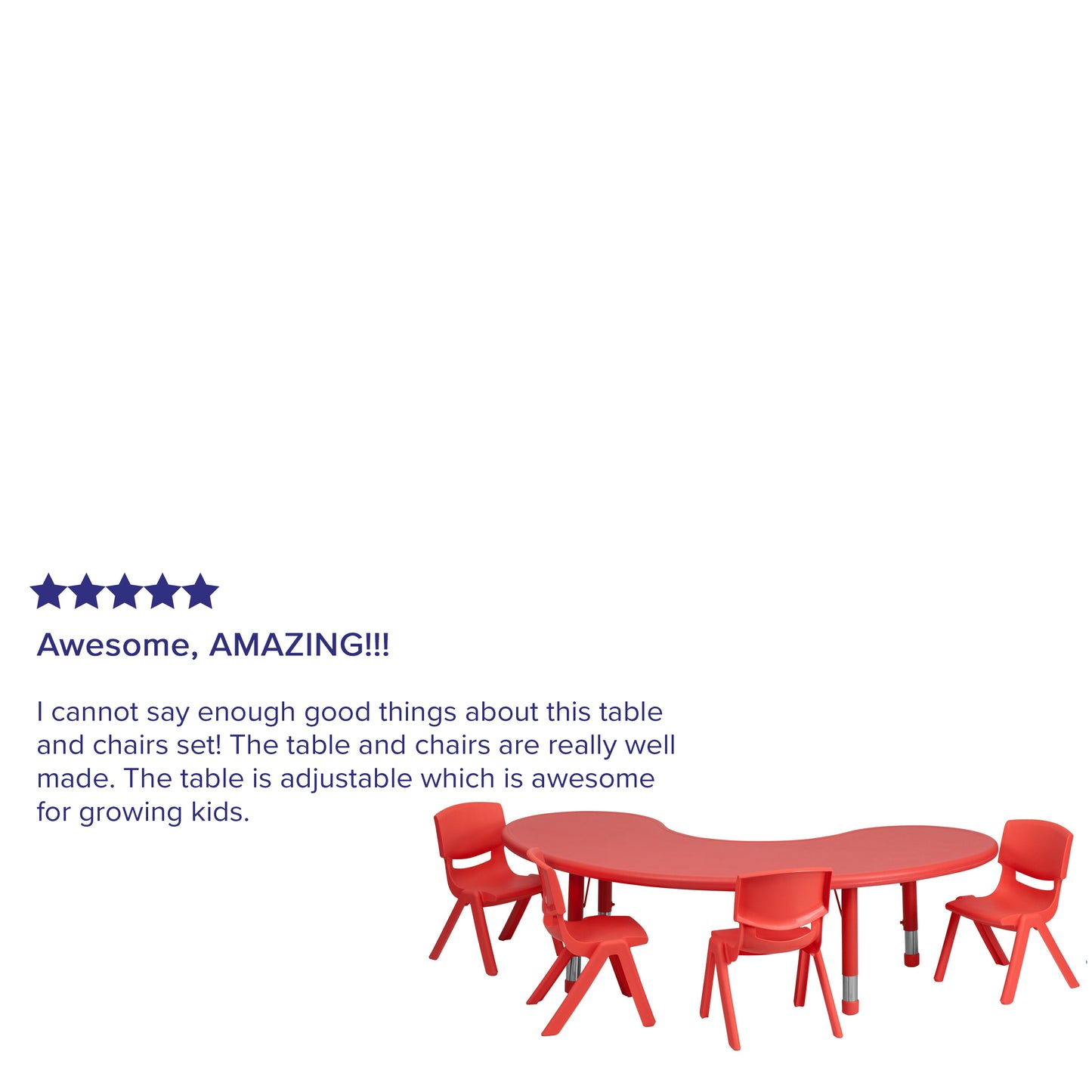 Emmy 35''W x 65''L Half-Moon Red Plastic Height Adjustable Activity Table Set with 4 Chairs Red YU-YCX-0043-2-MOON-TBL-RED-E-GG