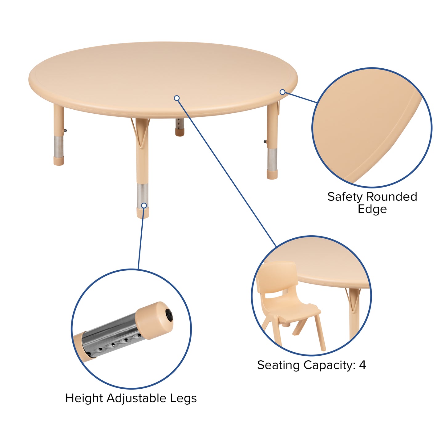 Wren 45" Round Natural Plastic Height Adjustable Activity Table Natural