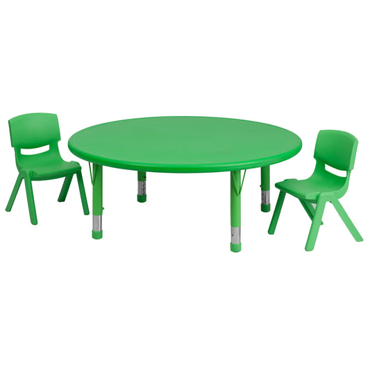Emmy 45'' Round Green Plastic Height Adjustable Activity Table Set with 2 Chairs Green