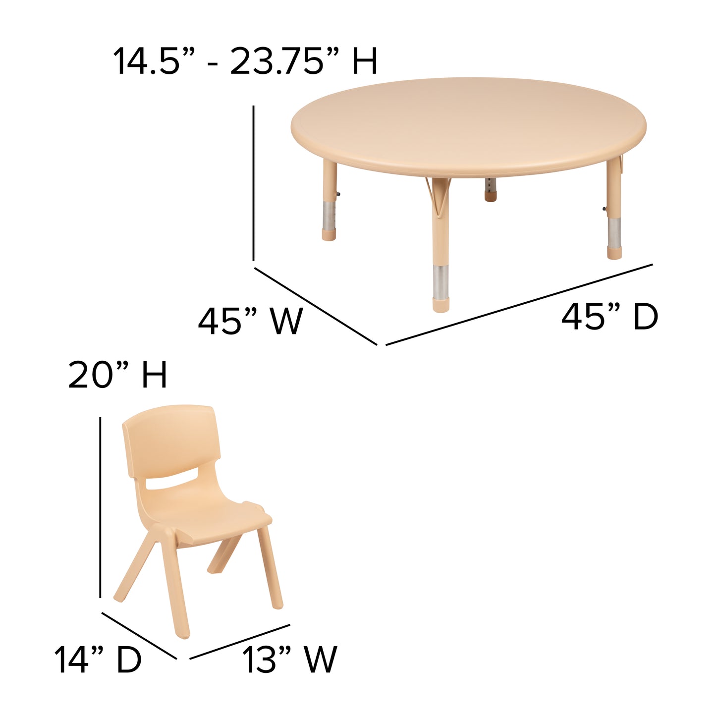 Emmy 45" Round Natural Plastic Height Adjustable Activity Table Set with 4 Chairs Natural