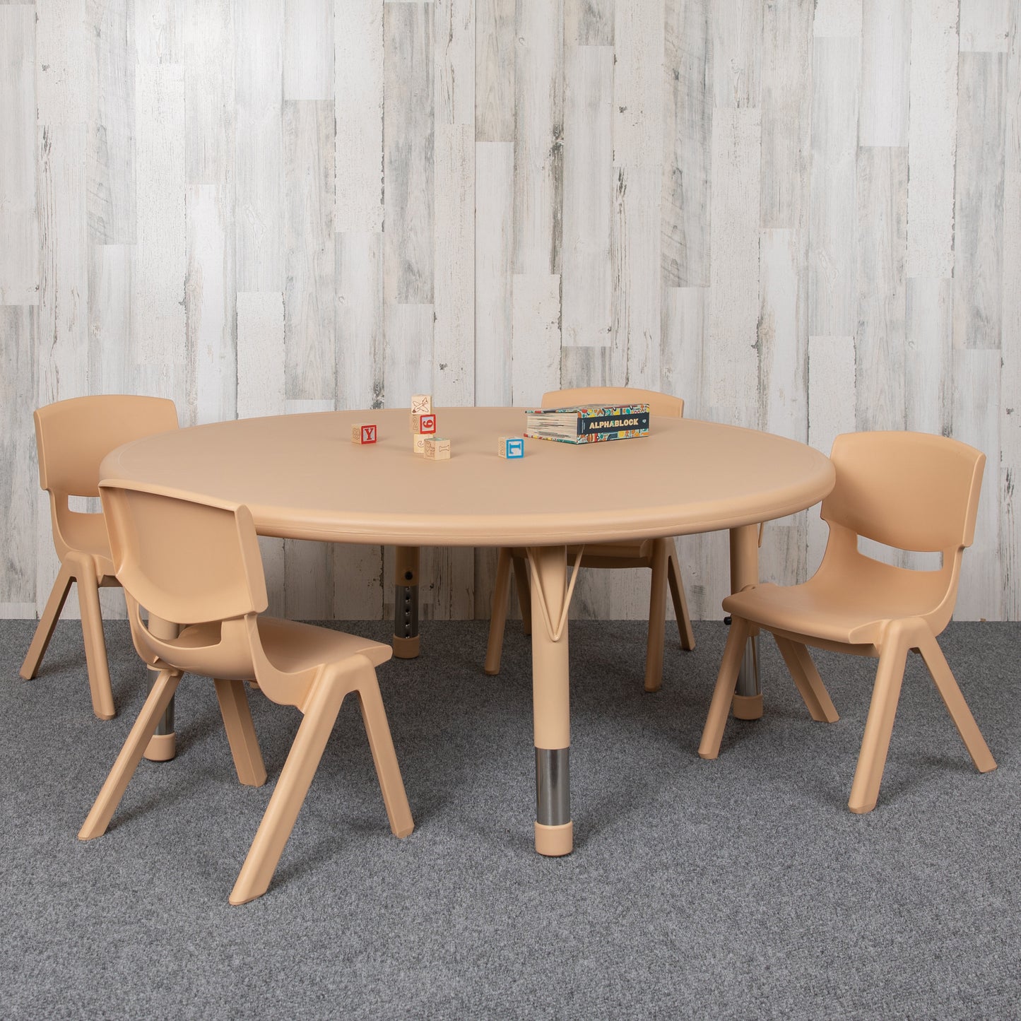 Emmy 45" Round Natural Plastic Height Adjustable Activity Table Set with 4 Chairs Natural
