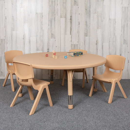 Emmy 45" Round Natural Plastic Height Adjustable Activity Table Set with 4 Chairs Natural