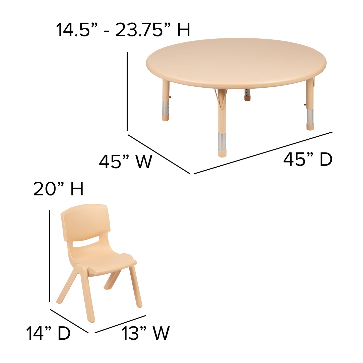 Emmy 45" Round Natural Plastic Height Adjustable Activity Table Set with 2 Chairs Natural