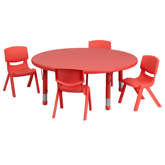 Emmy 45'' Round Red Plastic Height Adjustable Activity Table Set with 4 Chairs Red