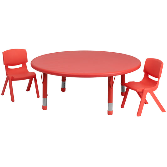 Emmy 45'' Round Red Plastic Height Adjustable Activity Table Set with 2 Chairs Red