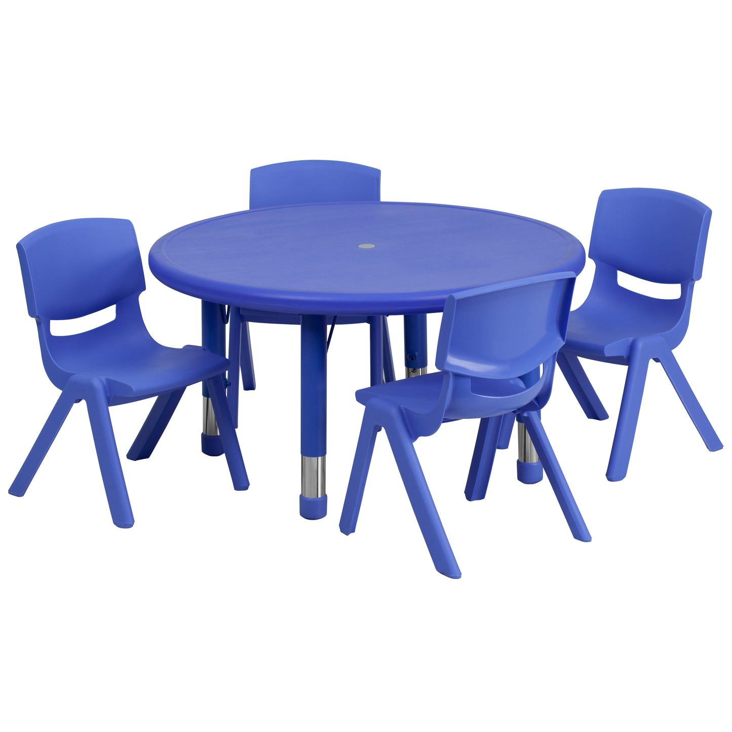 Emmy 33'' Round Blue Plastic Height Adjustable Activity Table Set with 4 Chairs Blue