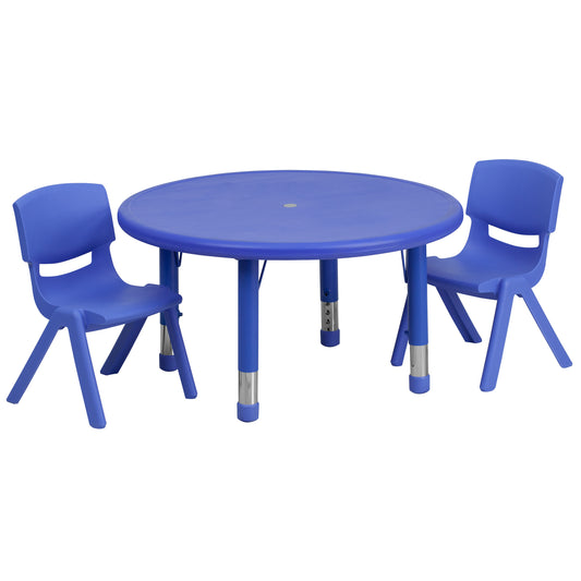 Emmy 33'' Round Blue Plastic Height Adjustable Activity Table Set with 2 Chairs Blue