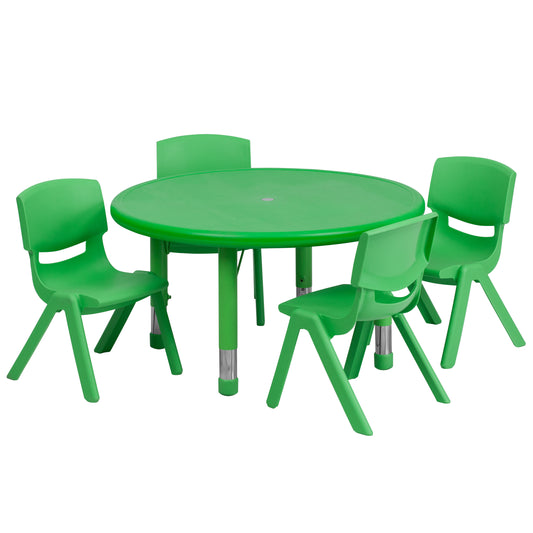Emmy 33'' Round Green Plastic Height Adjustable Activity Table Set with 4 Chairs Green