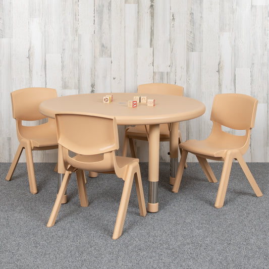 Emmy 33" Round Natural Plastic Height Adjustable Activity Table Set with 4 Chairs Natural