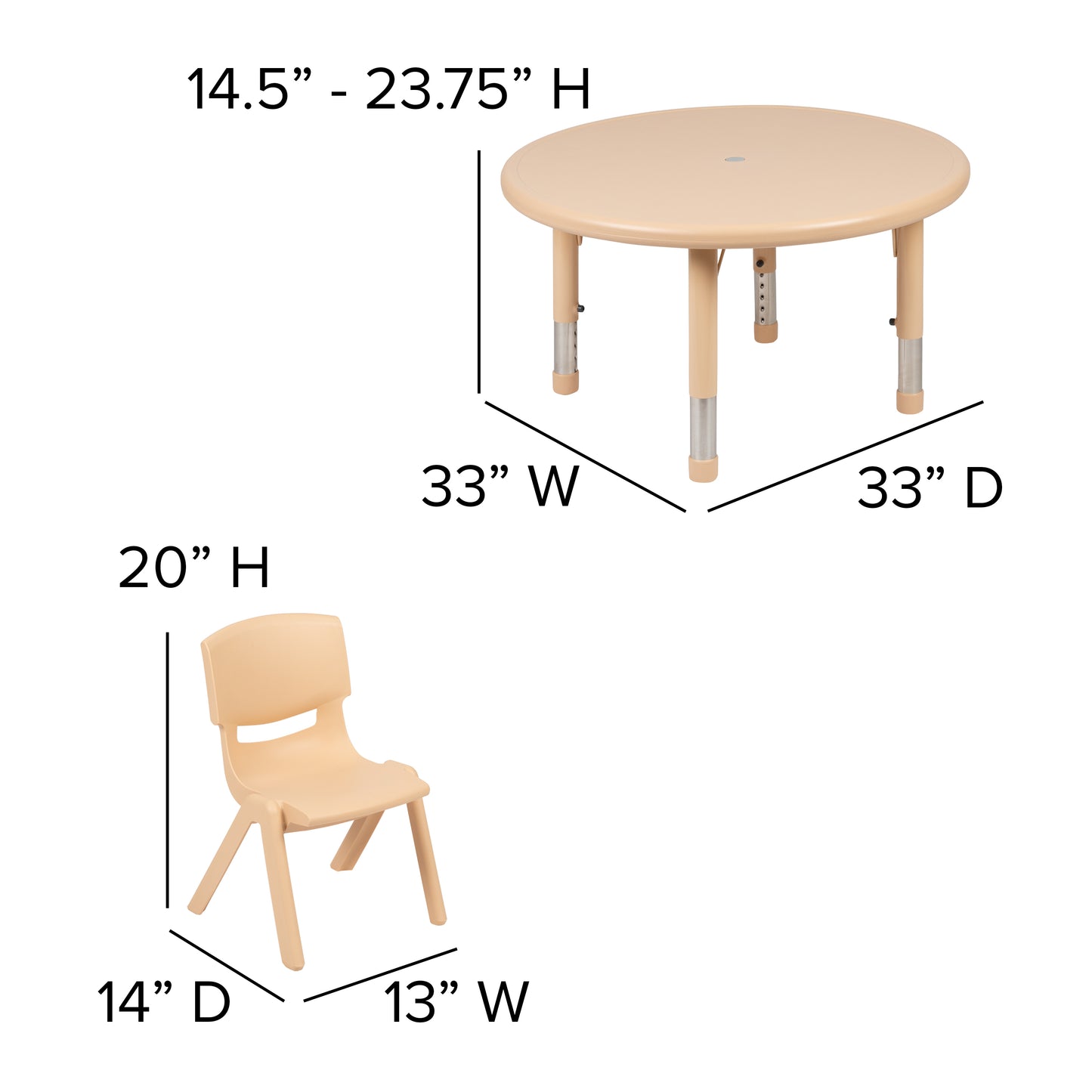 Emmy 33" Round Natural Plastic Height Adjustable Activity Table Set with 2 Chairs Natural YU-YCX-0073-2-ROUND-TBL-NAT-R-GG