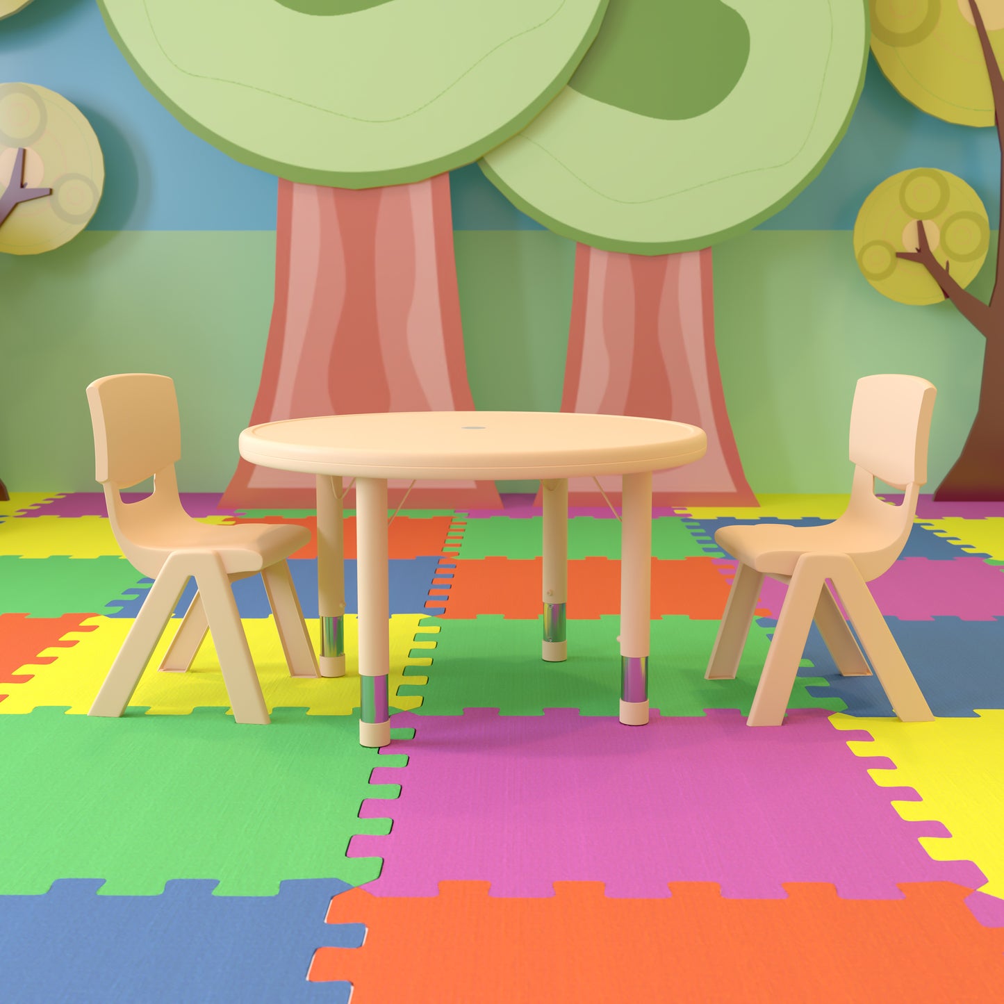 Emmy 33" Round Natural Plastic Height Adjustable Activity Table Set with 2 Chairs Natural YU-YCX-0073-2-ROUND-TBL-NAT-R-GG