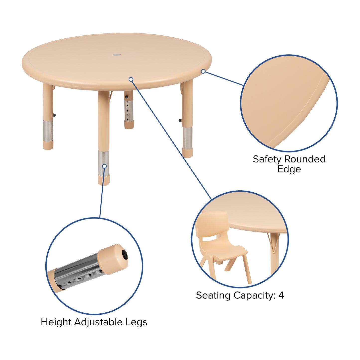 Emmy 33" Round Natural Plastic Height Adjustable Activity Table Set with 2 Chairs Natural YU-YCX-0073-2-ROUND-TBL-NAT-R-GG