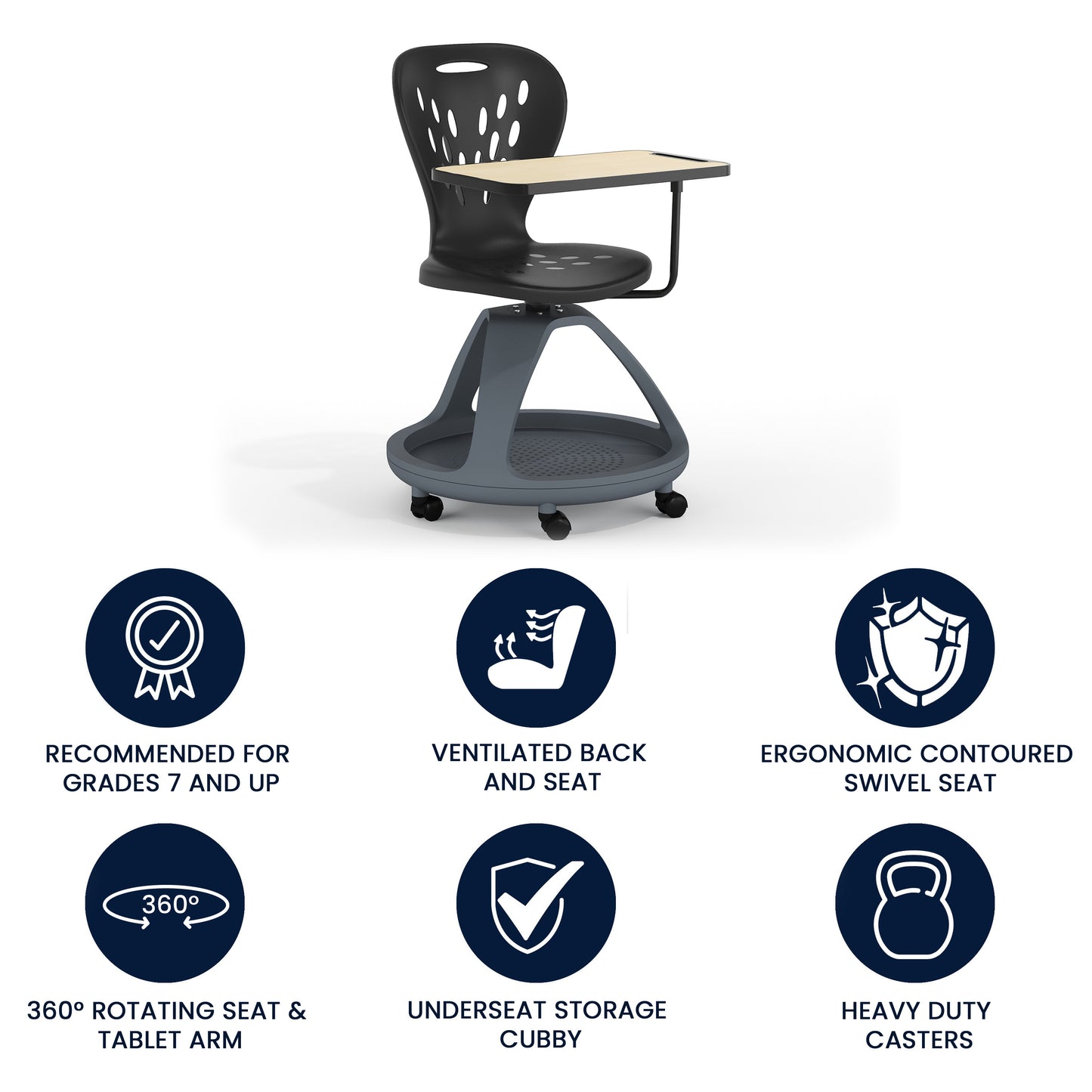 Laikyn Black Mobile Desk Chair with 360 Degree Tablet Rotation and Under Seat Storage Cubby Black