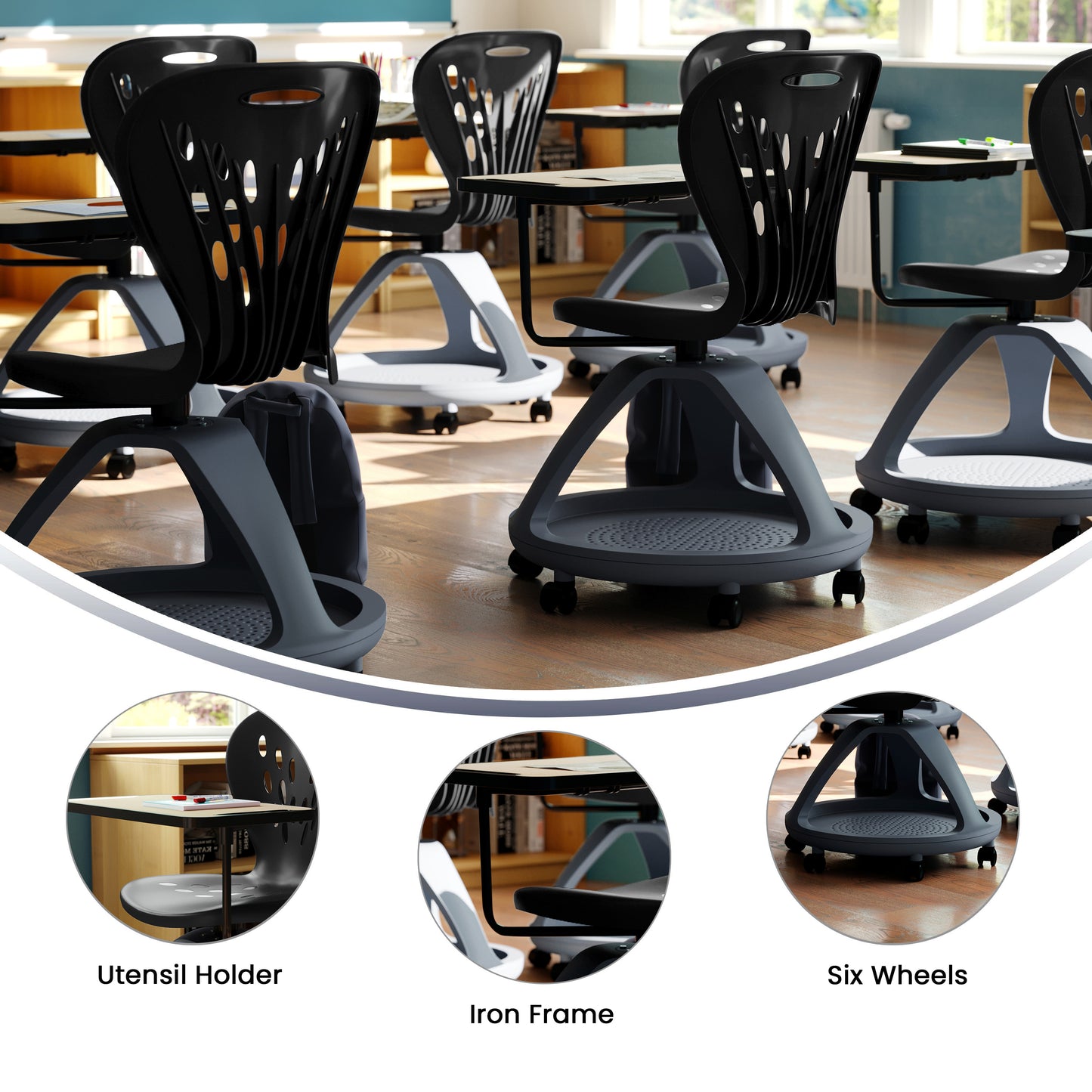 Laikyn Black Mobile Desk Chair with 360 Degree Tablet Rotation and Under Seat Storage Cubby Black