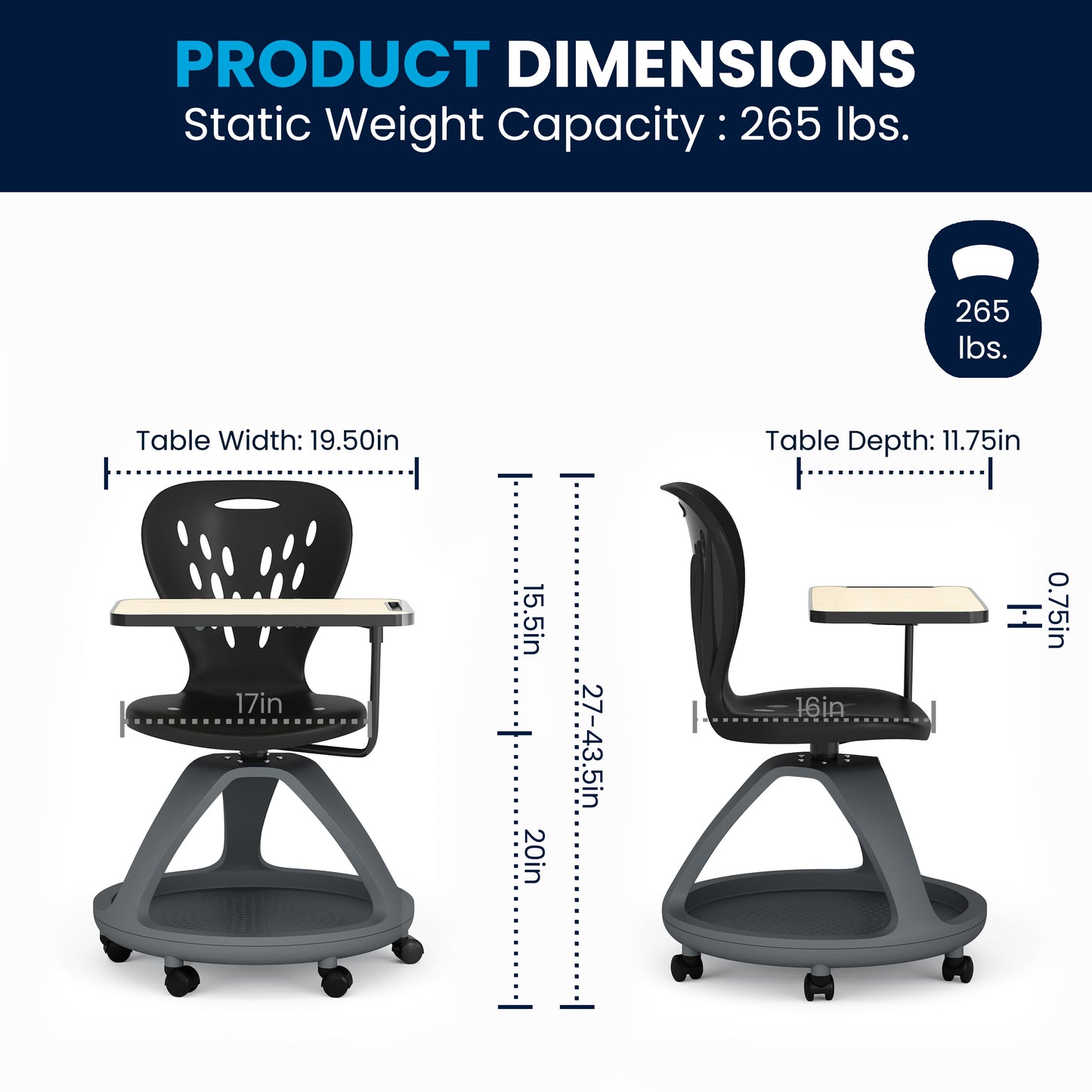 Laikyn Black Mobile Desk Chair with 360 Degree Tablet Rotation and Under Seat Storage Cubby Black
