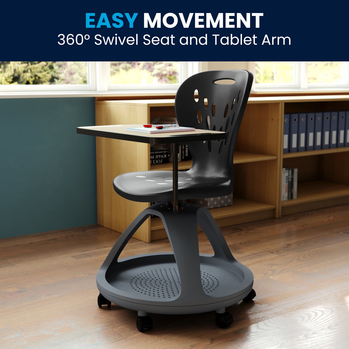 Laikyn Black Mobile Desk Chair with 360 Degree Tablet Rotation and Under Seat Storage Cubby Black