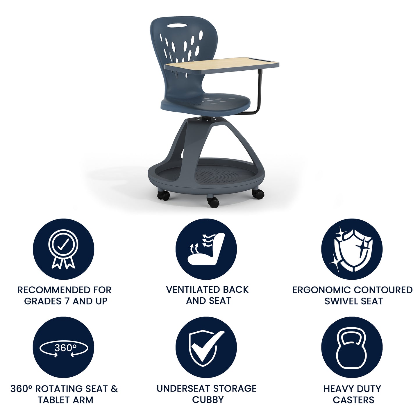 Laikyn Dark Gray Mobile Desk Chair with 360 Degree Tablet Rotation and Under Seat Storage Cubby Dark Gray