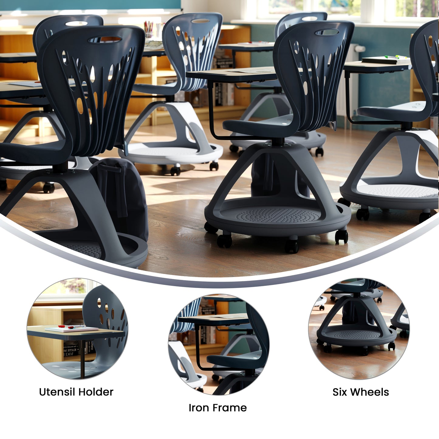 Laikyn Dark Gray Mobile Desk Chair with 360 Degree Tablet Rotation and Under Seat Storage Cubby Dark Gray