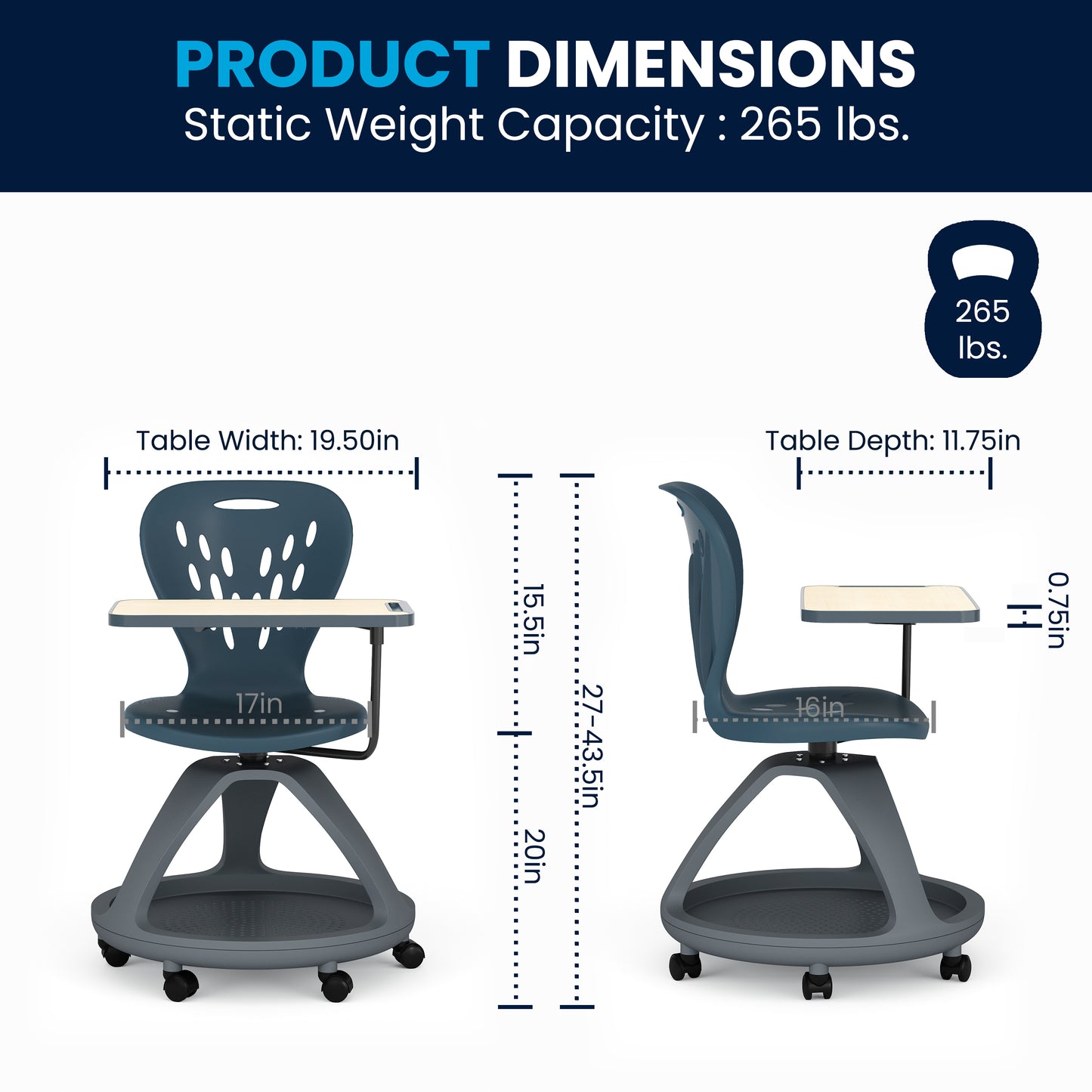 Laikyn Dark Gray Mobile Desk Chair with 360 Degree Tablet Rotation and Under Seat Storage Cubby Dark Gray