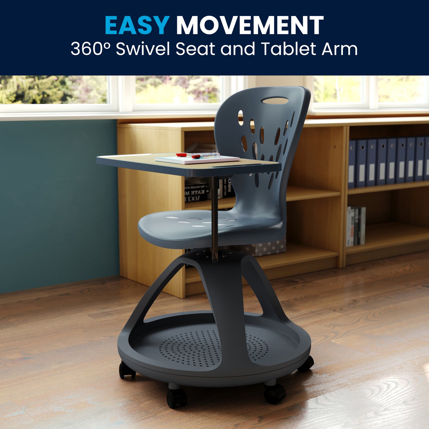 Laikyn Dark Gray Mobile Desk Chair with 360 Degree Tablet Rotation and Under Seat Storage Cubby Dark Gray