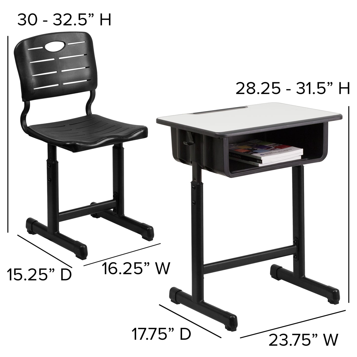 Nila Adjustable Height Student Desk and Chair with Black Pedestal Frame Grey