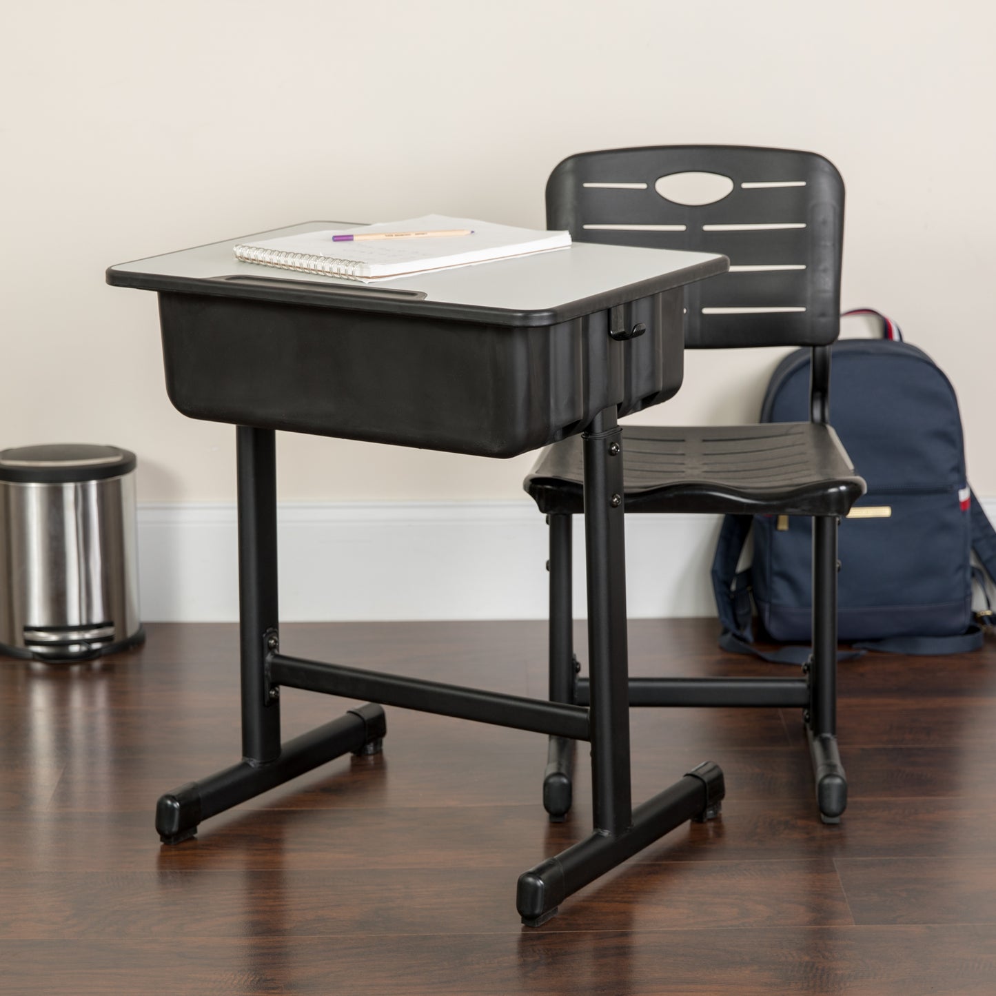 Nila Adjustable Height Student Desk and Chair with Black Pedestal Frame Grey
