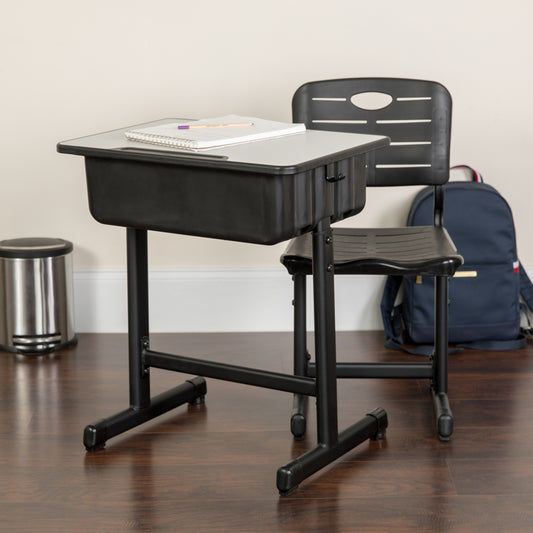 Nila Adjustable Height Student Desk and Chair with Black Pedestal Frame Grey