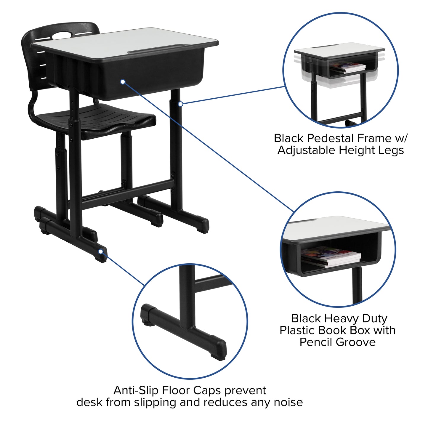 Nila Adjustable Height Student Desk and Chair with Black Pedestal Frame Grey